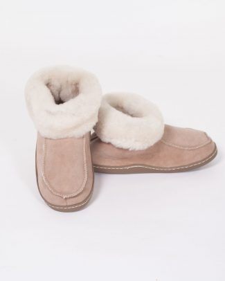 Deluxe pantoffel beige met witte bontrand en antislipzool