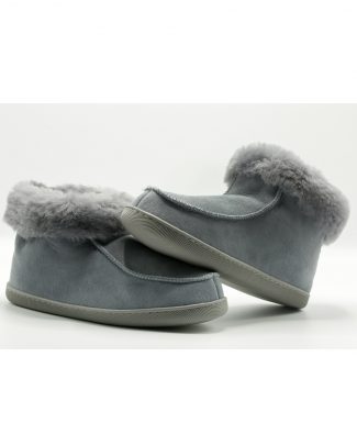 Schapenvacht pantoffels blauw/grijs met bontrand met antislip zool Texelse Schapenboet