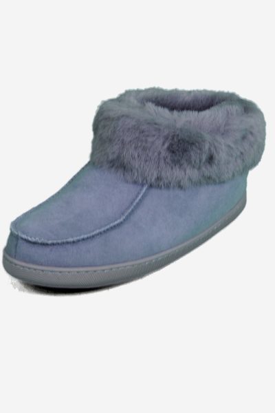 Schapenvacht pantoffels blauw/grijs met bontrand met antislipzool Texelse Schapenboet