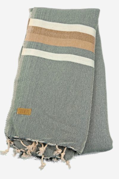 Sjaal Puur Nepal jeansblauw met ecru en beige streep. Texelse Schapenboet