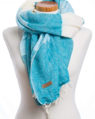 Sjaal Puur Nepal light turquoise stripe Texelse SchapenboetBlue Sand stripe dubbel