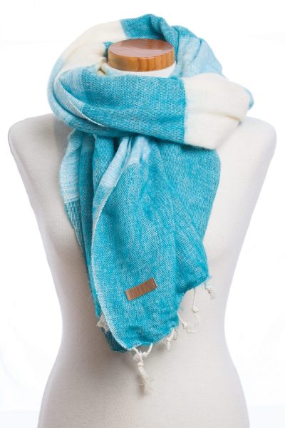 Sjaal Puur Nepal light turquoise stripe Texelse SchapenboetBlue Sand stripe dubbel