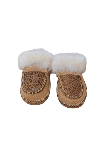 Instap vachtslipper bontrand met print